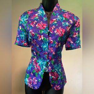 Vintage Mandarin Style Floral Print Short Sleeve Blouse by Adrianna Papell